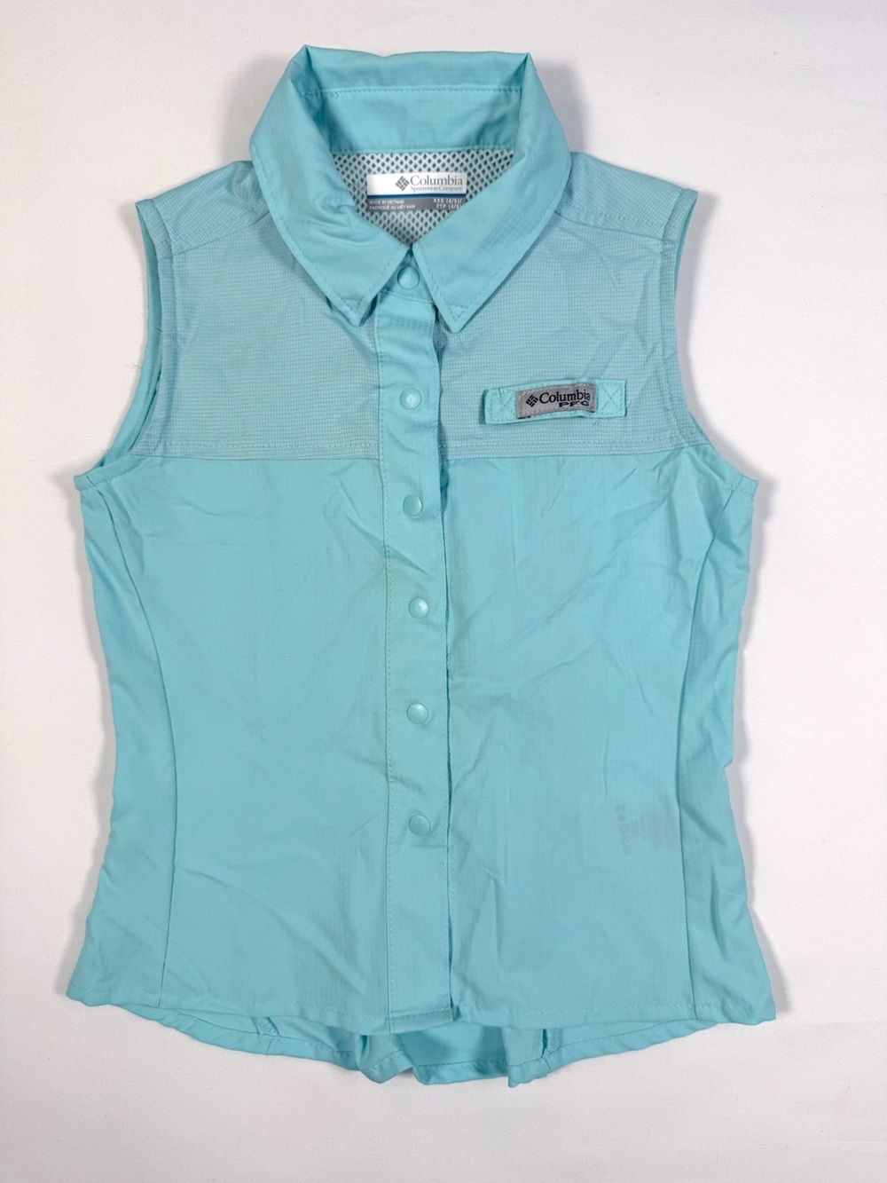 COLUMBIA PFG Sleeveless Fishing Shirt XXS‎ 4/5 Aqua Blue Omni Shade Outdoor Top